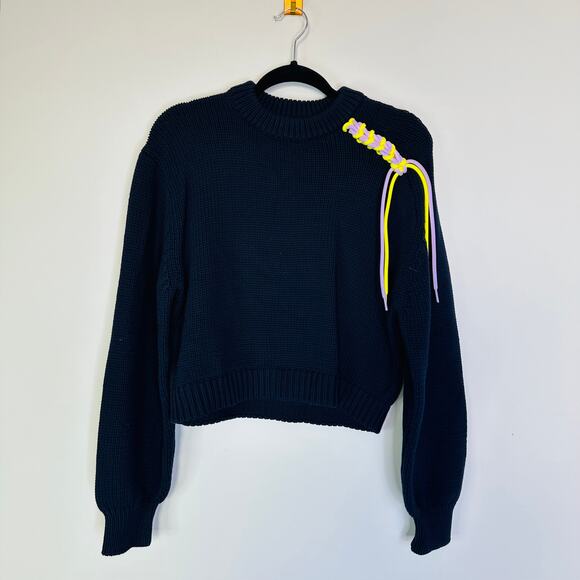Tibi Oversized Lanyard Cropped Sweater Pullover Top in Navy - Picture 3 of 10